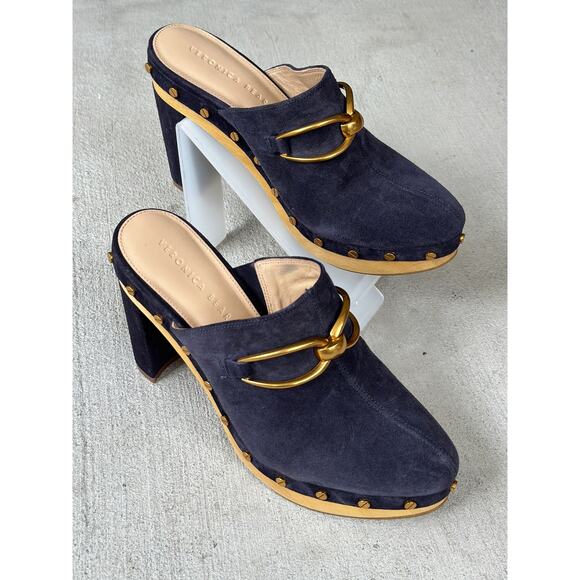 NWOT Veronica Beard Women’s 8.5M Giles Clogs Navy Suede Leather Platform Mules - Picture 2 of 11